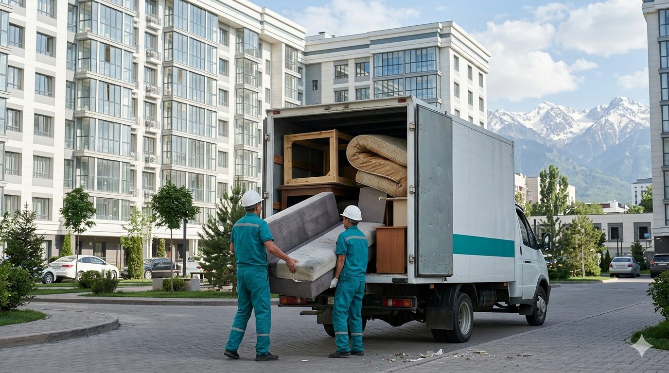Вывоз КГМ и старой мебели из жилого комплекса в Алматы — грузчики Almaty Trans в бирюзовой форме