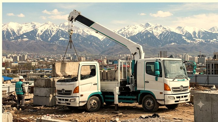 Манипулятор грузит бетонный блок в Алматы — Almaty Trans