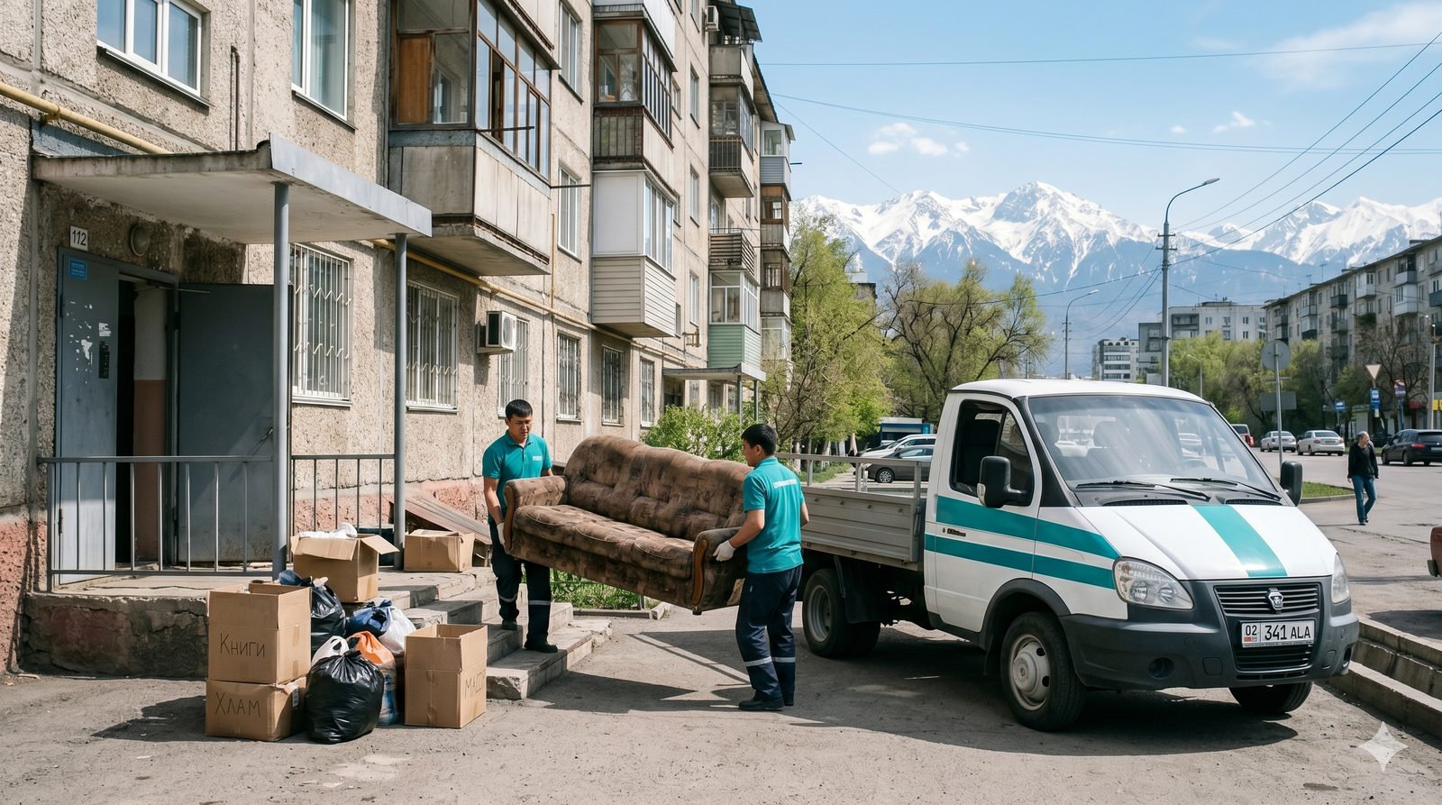 Грузчики Almaty Trans в бирюзовой форме выносят старую мебель и хлам из квартиры